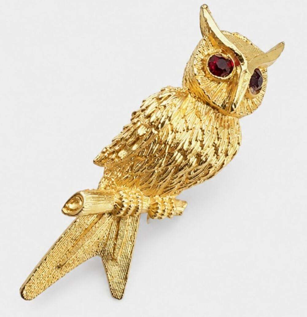 Rhinestone Owl‎ Brooch Pin Bird 2" Vintage Textured Gold-tone, Figural ab1-113